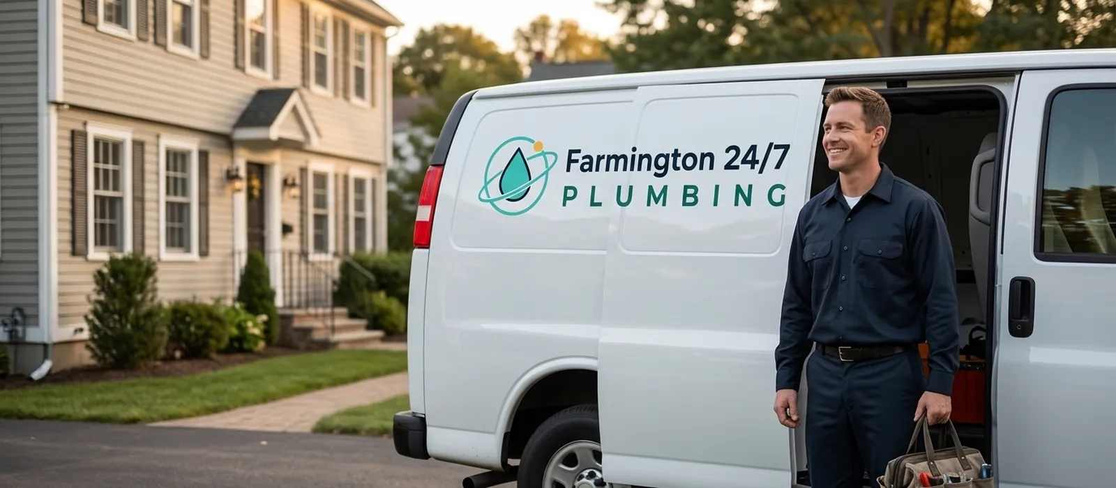 Smiling plumber in a navy uniform beside a white Farmington 24/7 Plumbing service van in front of a Connecticut house
