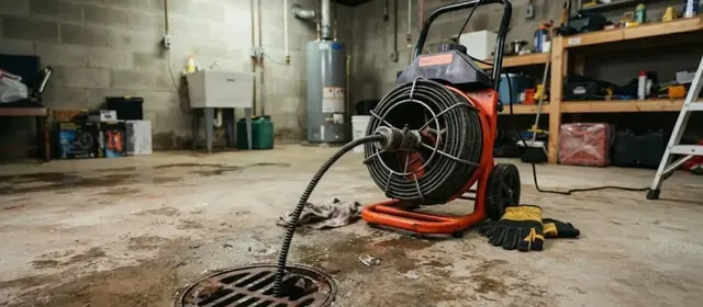 Drain cleaning machine with cable feeding into a floor drain in a garage