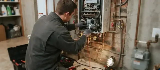 Technician servicing a wall boiler with copper piping in a basement