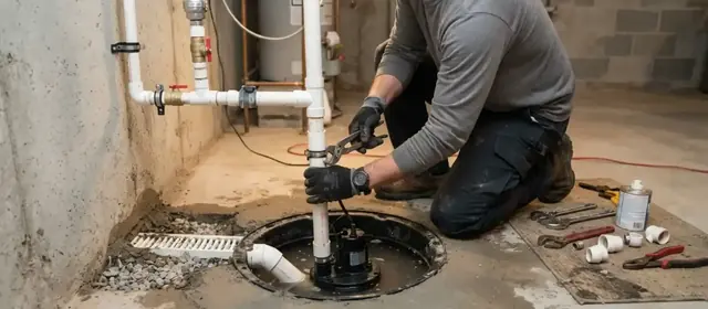 Plumber installing a sump pump and PVC discharge pipe in a basement pit