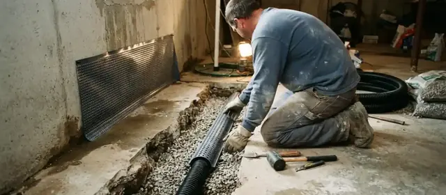 Worker laying a drain pipe in a gravel trench along a basement wall
