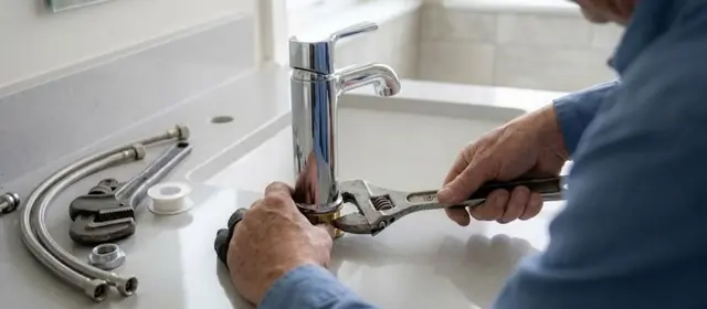 Hands using a wrench to repair a bathroom faucet