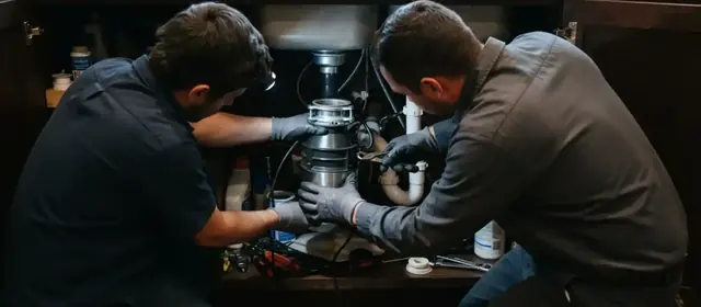 Two plumbers installing a garbage disposal under a sink