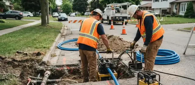 Crew in safety vests repairing a water service line in a trench beside a street