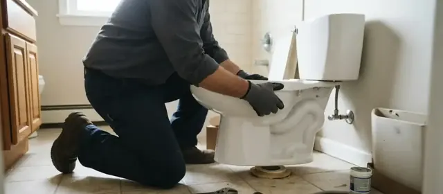 Plumber setting a toilet on its flange in a bathroom
