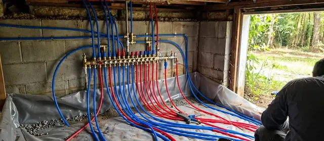 PEX manifold with red and blue lines in a basement during a repipe