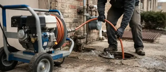Plumber running a hydro jetting hose into a cleanout beside a brick house