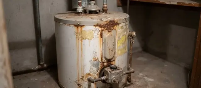 Old rusted tank water heater in a basement ready to be replaced