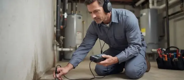 Technician with headphones using an electronic leak detector in a basement
